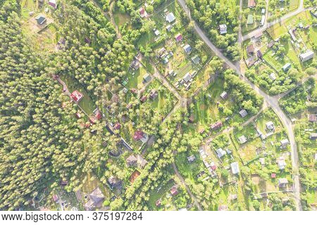 Aerial View Of Rural Village. Residential Area With Houses Or Cottages.   Aerial View Of Cottage Vil