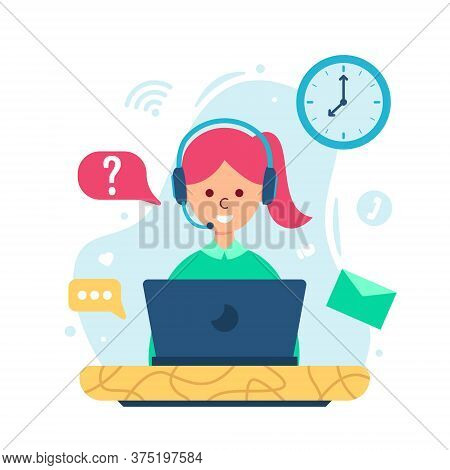 Customer Service Concept In Flat Design - Illustration Woman With Headphone And Microphone With Lapt