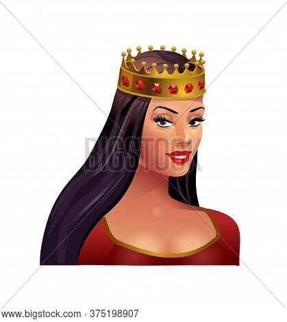Princess Brunette In A Crown On A White Background. Beautiful Girl. Middle Ages. Vector Isolated Ill