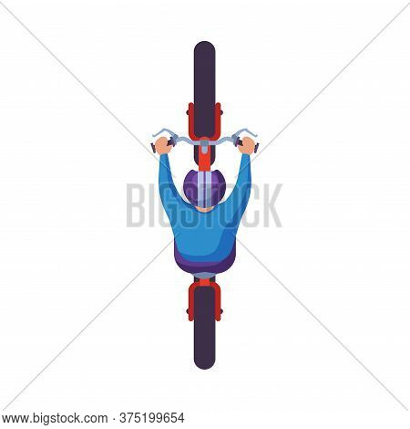 Man In Helmet Riding Modern Electric Scooter, View From Above, Cyclist On Bicycle Flat Vector Illust