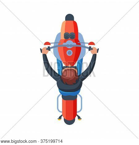Man Riding Motorcycle, View From Above, Motorcyclist On Motorbike Flat Vector Illustration