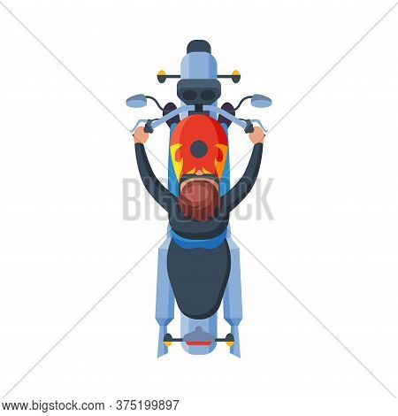 Male Motorcyclist Riding Motorcycle, View From Above Flat Vector Illustration