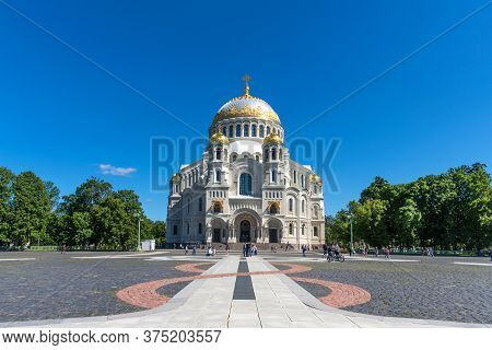 Kronstadt, Russia - June 20, 2020: Picturesque Summer View Of The Naval Cathedral Of Saint Nicholas 