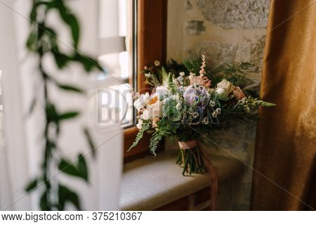 Bridal Bouquet Of Cream Roses, Pink Peonies, Eustoma, Waxflower, Astilbe, Limonium, Branches Of Euca
