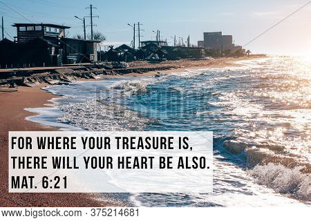 Bible Quotes On Sea Shore Landscape Background. Card Text Sign For Believers. Inspirational Thoughts
