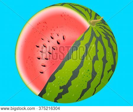 Bright Vector Image Of Sliced Watermelon. Fresh Cartoon Berry Isolated On Blue Background.