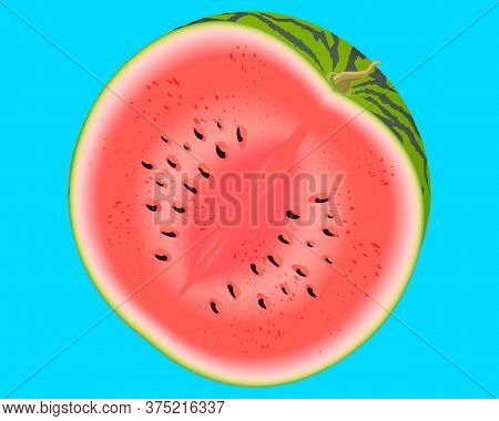 Bright Vector Image Of Colorful Half Watermelon. Fresh Cartoon Berry Isolated On Blue Background.