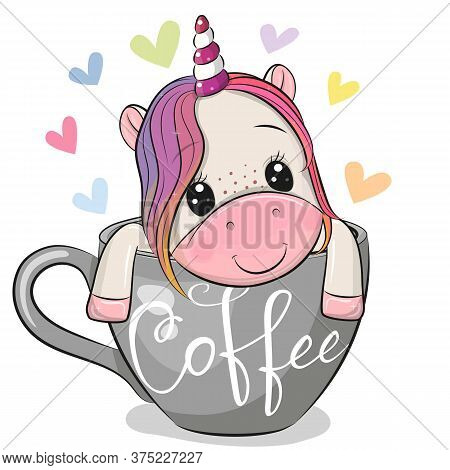 Cute Cartoon Unicorn Is Sitting In A Cup Of Coffee