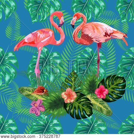 Trendy Seamless Pattern Pink Flamingo Birds Couple. Bright Camelia Flowers. Tropical Monstera Philod