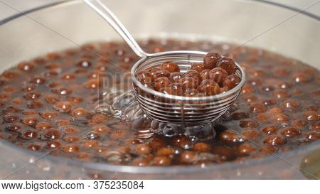 Cooking, Boiling Brown Sugar Flavor Tapioca Pearl Balls, Ingredient Of Bubble Tea, Preparing Food An