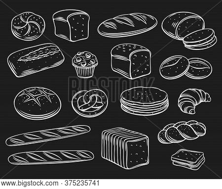 Bakery Breadoutline Vector Of Rye, Whole Grain And Wheat Bread, Pretzel, Muffin, Pita , Ciabatta, Cr