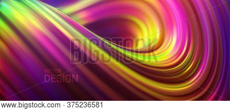 Iridescent Curly Stream. Liquid Flowing Striped Shape. Vector 3d Illustration. Abstract Colorful Bac