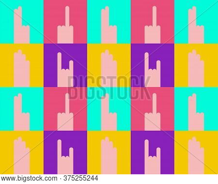 Seamless Hands Gestures Pattern. Fuck, Rock-n-roll, Peace, Palm. Provocative Colorful Square Banner.