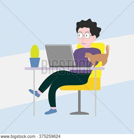 Vector Illustration. A Young Man Is Working At A Computer