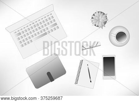 Black And White Vector Illustration Of A Desktop With A Laptop Phone Tablet And Other Items