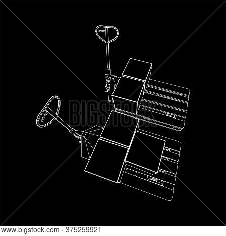 Hand Pallet Jack Lift With Pallet And Stacked Goods Cardboard Boxes. Manual Forklift. Logistics Ship