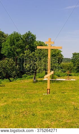 Wooden Cross On Territory Of Holy Vvedensky Makaryevsky Zhabyn Monastery, Summer