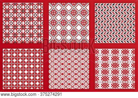 Slavic Geometric Seamless Patterns Set. Vector Illustration Of Tileable Slavic Embroidery Background
