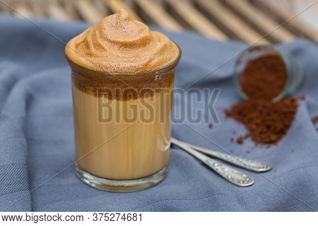 Trendy Dalgona Coffee - Corean, Indian Phenti Hui Drink. Iced Frothy Whipped Ultra Fluffy Texture. V