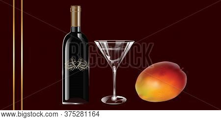 Wine Glass, Bottle Vintage Decor, Mango - Vector. Gift Idea. Banner.