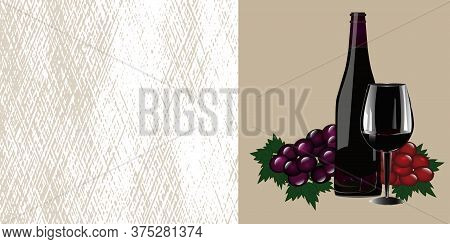 Bottle Of Wine, Glass, Bunch Of Grapes - Abstract Background - Vector. Holidays. Gift Idea. Banner