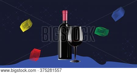 Bottle Of Wine, Glass, Colored Pieces Of Ice - Vector. Holidays. Gift Idea. Banner