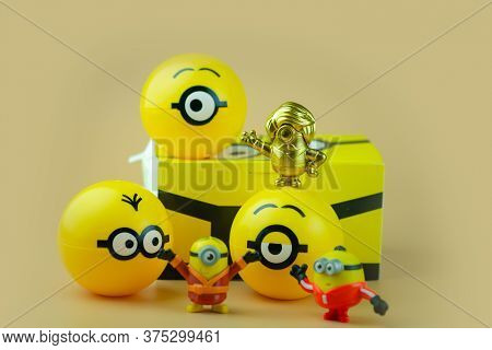 Samut Prakan, Thailand - July 7, 2020 : Happy Meal Collection New Promotions Set Of Minion Toy And R