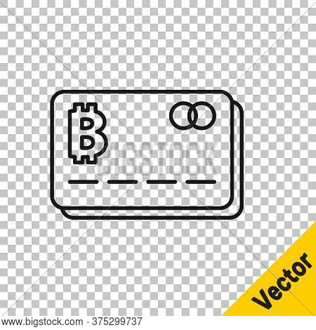 Black Line Credit Card With Bitcoin Icon Isolated On Transparent Background. Online Payment. Cash Wi