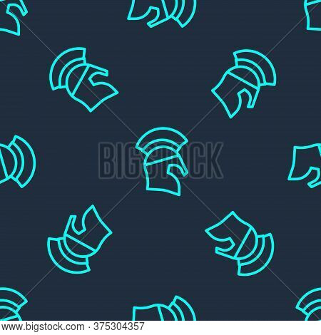 Green Line Greek Helmet Icon Isolated Seamless Pattern On Blue Background. Antiques Helmet For Head 