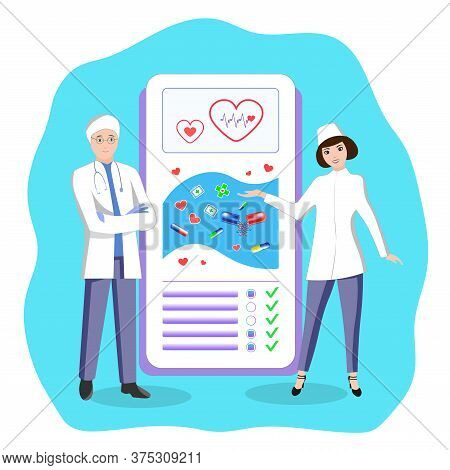 Vector Illustration Of A Doctor And A Nurse Presenting A Medical Service