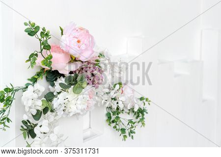 Flower Wall, Wedding Backdrop, Floral Hand Made Decoration. Light Background Of Artifical Flowers. V
