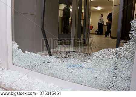 Salvador, Bahia / Brazil - June 5, 2013: Facade Of Itau Bank Branch In Salvador Destroyed After Bank