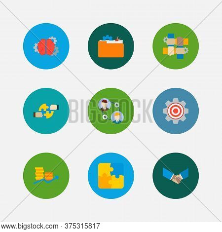 Technology Collaboration Icons Set. Handshake And Technology Collaboration Icons With Brainstorming,