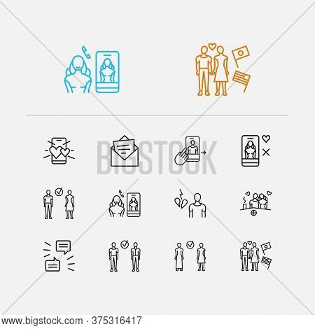 Online Dating Icons Set. Online Dating App And Online Dating Icons With International Couple, Date O