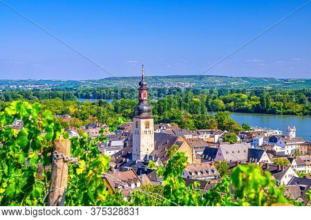 Aerial View Of Rudesheim Am Rhein Historical Town Centre With Clock Tower Spire Of St. Jakobus Catho