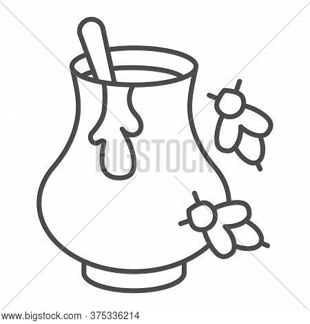 Clay Pot With Honey And Bees Thin Line Icon, Beekeeping Concept, Natural Honey In Pot Sign On White 