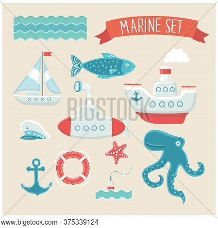 Illustration Vector Set Of Marine Cute Elements Objects