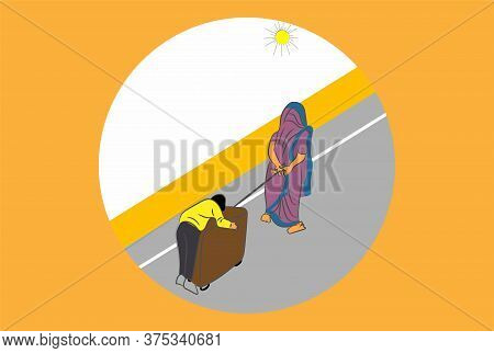 A Migrant Women Wheels Her Son Sleeping On Suitcase During Lockdown In India Vector Illustration