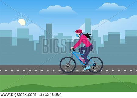 A Girl Wearing Mask And Gloves Riding Bicycle On A Cycle Lane In An Urban Area Vector Illustration F