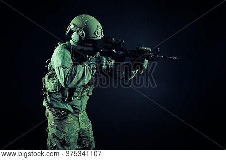 Special Forces Attack, Soldier In Uniform With A Rifle In Action, American Ranger With Guns
