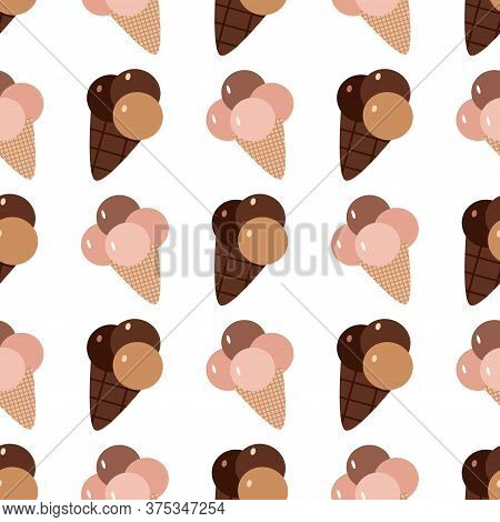 Seamless Pattern With  Ice Cream,  Waffle, Sweet Cupcakes, Pies And Tortes, Chocolate Ice Cream And 