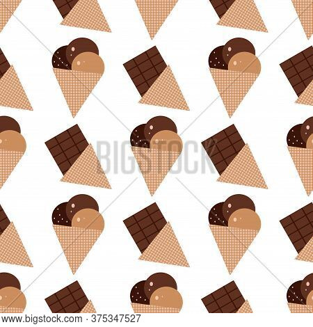 Seamless Pattern With  Ice Cream,  Waffle, Sweet Cupcakes, Pies And Tortes, Chocolate Ice Cream And 