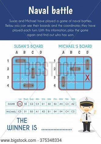 Naval Battle Educational Sheet. Primary Module For Spacial Understanding. 5-6 Years Old. Educational