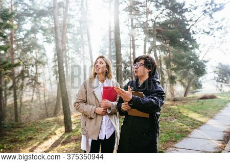 Scientists Are Studying Plant Species And Inspect Trees In The Forest.