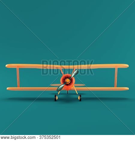 Toy Biplane On Dark Green Background. 3d Render