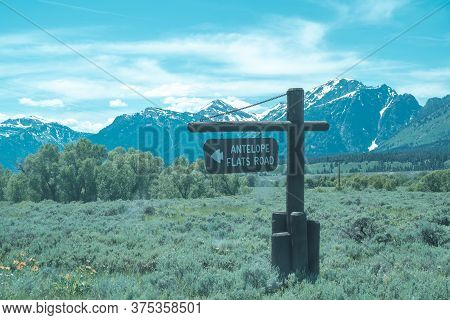 Sign For Antelope Flats Road, In Grand Teton National Park. This Is Turnout For Morman Row And Famou