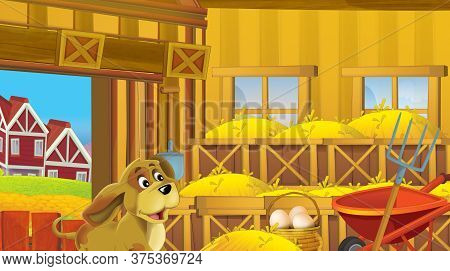 Cartoon Scene With Wooden Chicken Coop For Hen And Eggs With Happy Dog - Bright Illustration