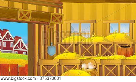 Cartoon Scene With Wooden Chicken Coop For Hen And Eggs - Bright Illustration