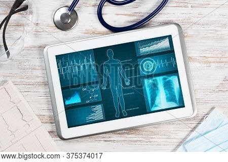 Medical Diagnostics In Modern Pulmonology. Tablet Computer With Medical Application Interface On Scr