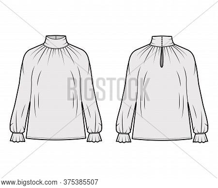 Turtleneck Blouse Technical Fashion Illustration With Long Sleeves, Flouncy Ruffled Cuffs, Oversized